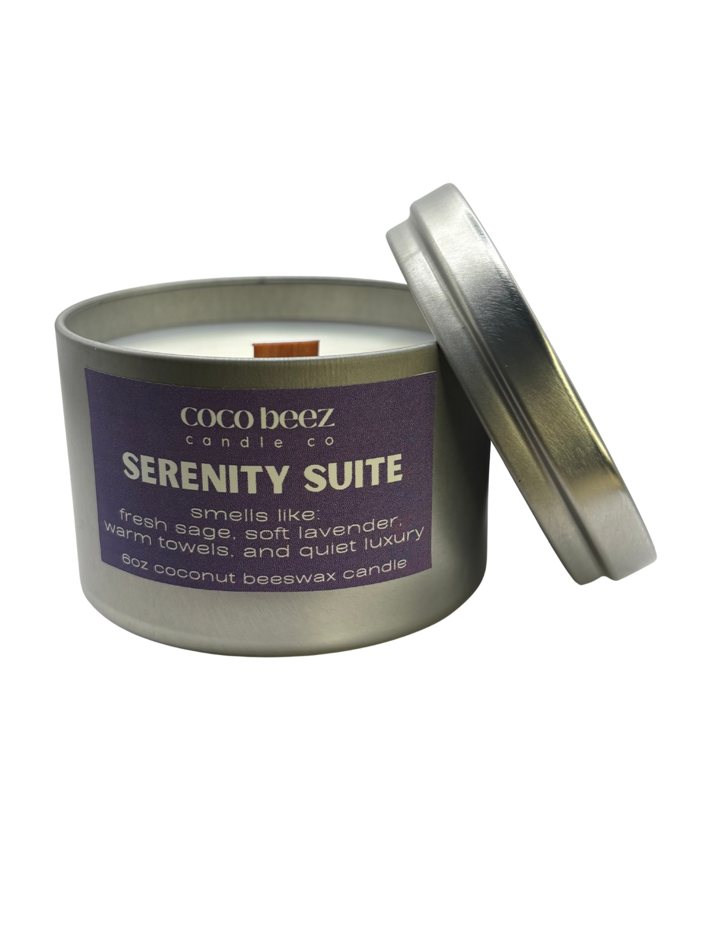 Coco Beez candle in a metal tin labeled 'Serenity Suite'