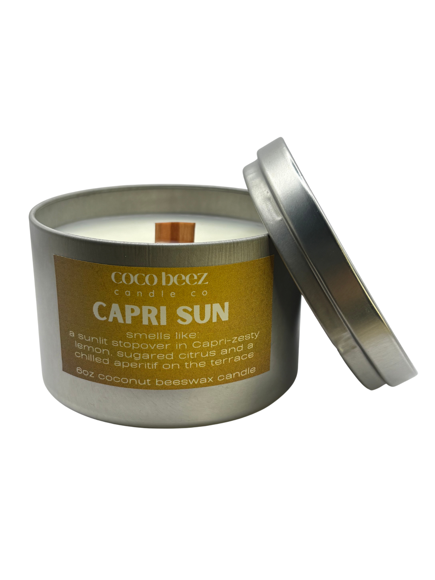 Coco Beez candle in a metal tin labeled 'Capri Sun' 