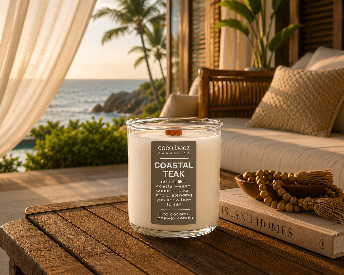 mahogany coconut teakwood candle called coastal teak