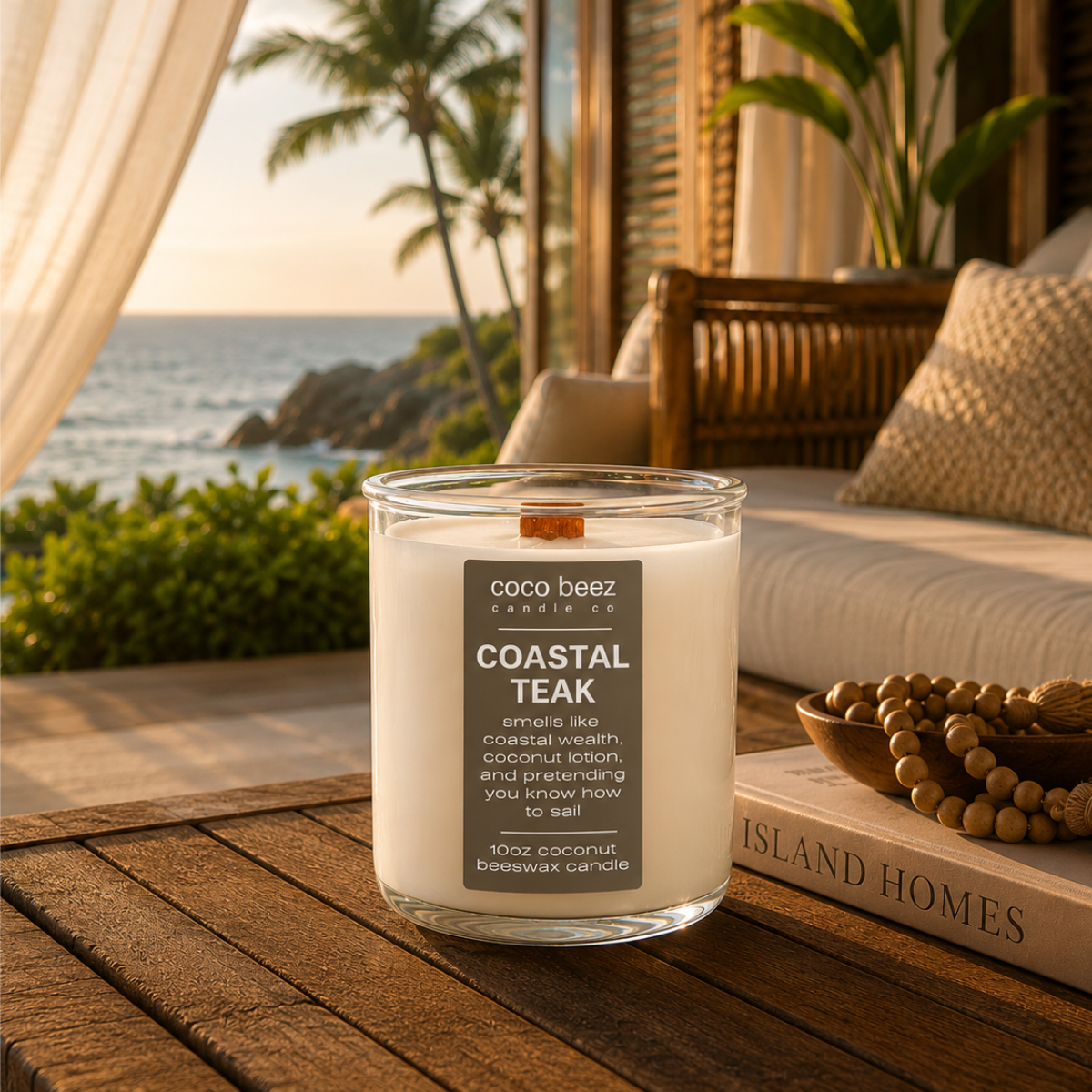 mahogany coconut teakwood candle called coastal teak